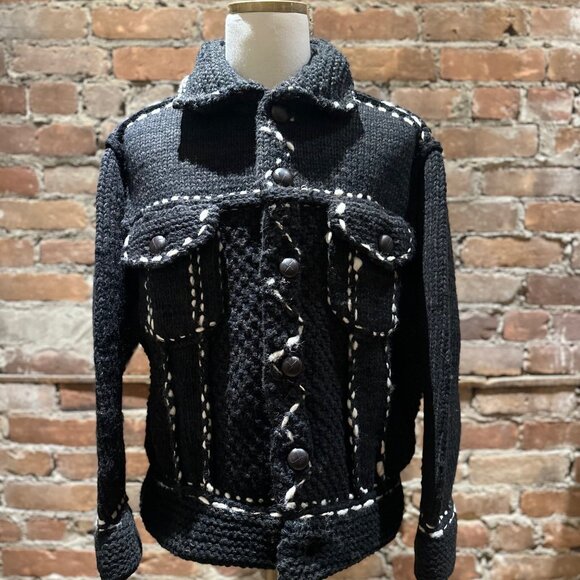 Kapital Wool Hand Knit Cowichan G Jacket Black - Size F (One Size) - Picture 3 of 7